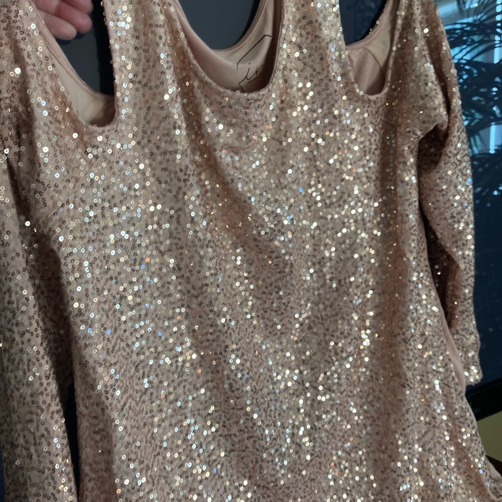 INC Large gently worn lined rose gold beaded sparkle cold shoulder top